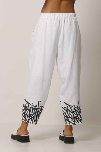 Hem Printed Linen Pants - White - 5