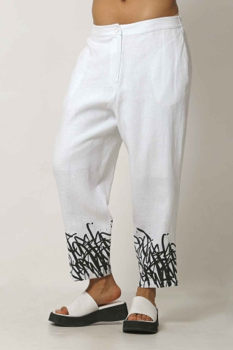 Hem Printed Linen Pants - White 