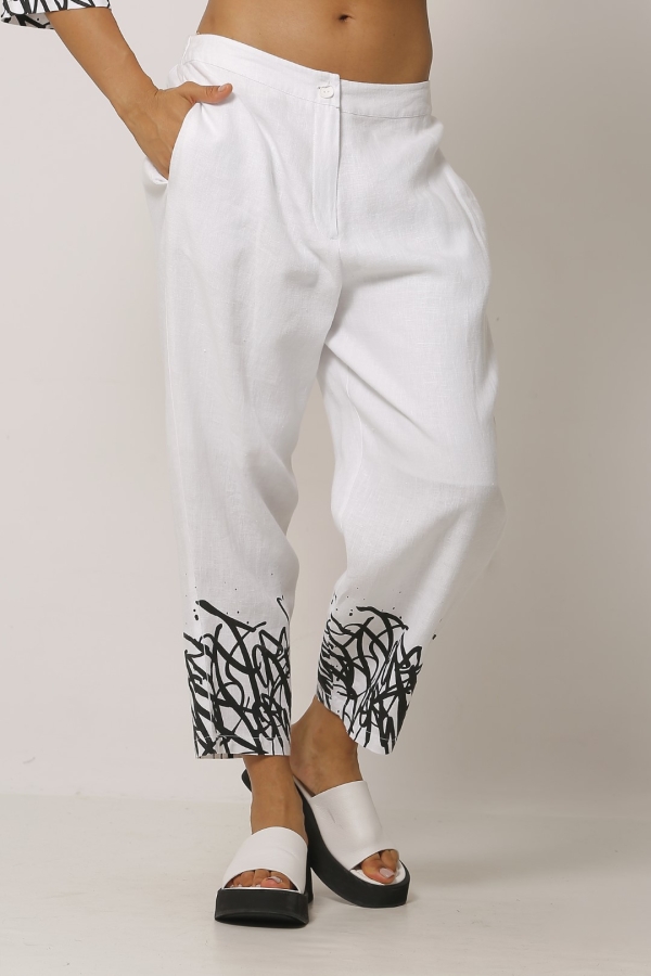 Hem Printed Linen Pants - White - 3