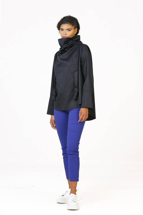 High Collar Gathered Blouse - Black - 2