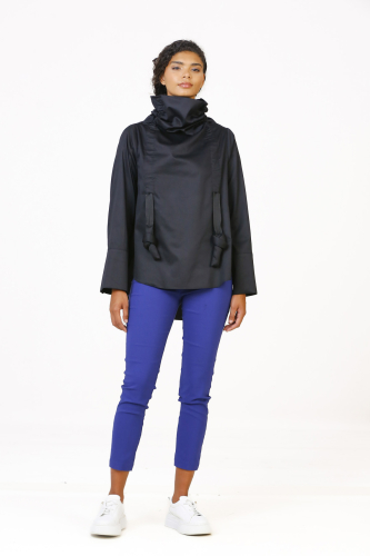 High Collar Gathered Blouse - Black 