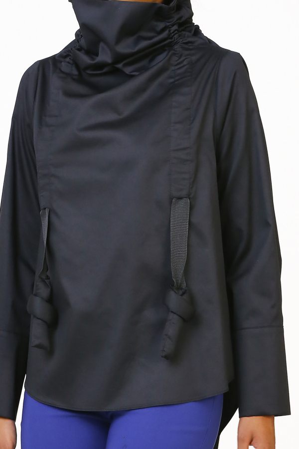 High Collar Gathered Blouse - Black - 4