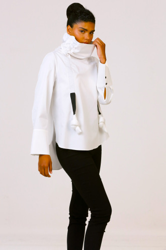 High Collar Gathered Blouse - White 