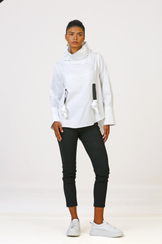 High Collar Gathered Blouse - White - 2