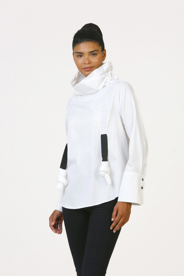 High Collar Gathered Blouse - White - 3