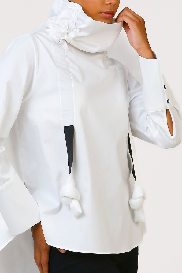 High Collar Gathered Blouse - White - 4