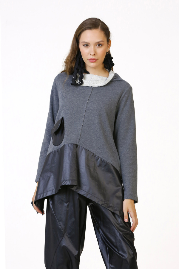 High Collar Mini Pocket Blouse - Gray - 2