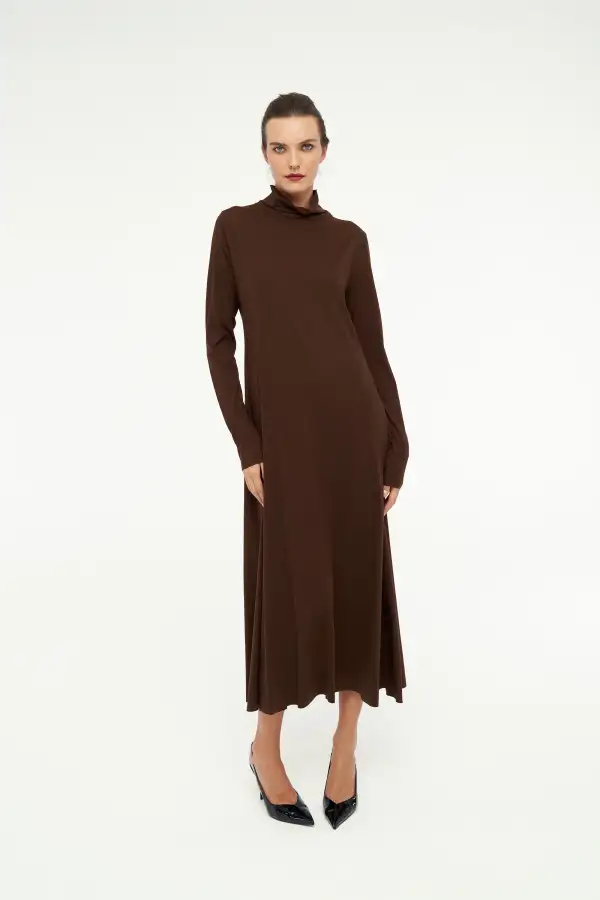 Hydra Dik Yaka Elbise - Kahverengi - 2