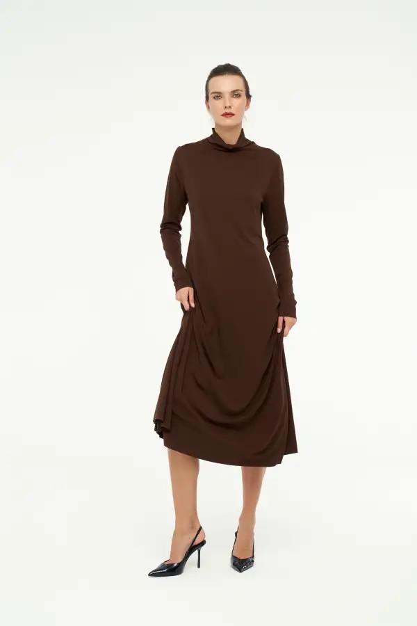 Hydra Dik Yaka Elbise - Kahverengi - 5