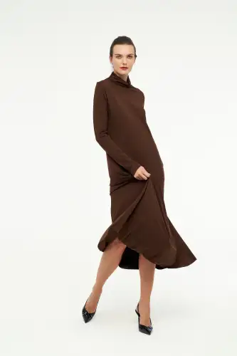 Hydra Dik Yaka Elbise - Kahverengi - 6