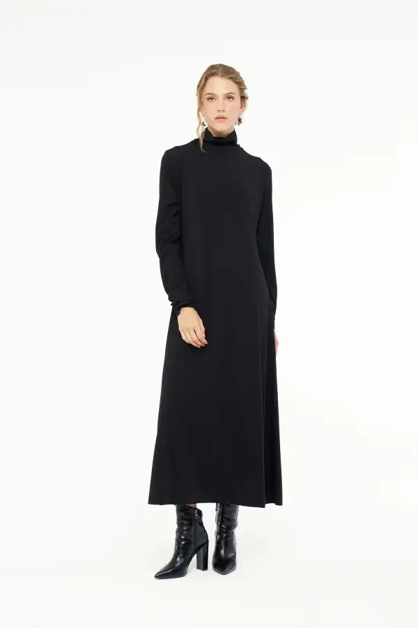 Hydra Dik Yaka Elbise - Siyah - 2