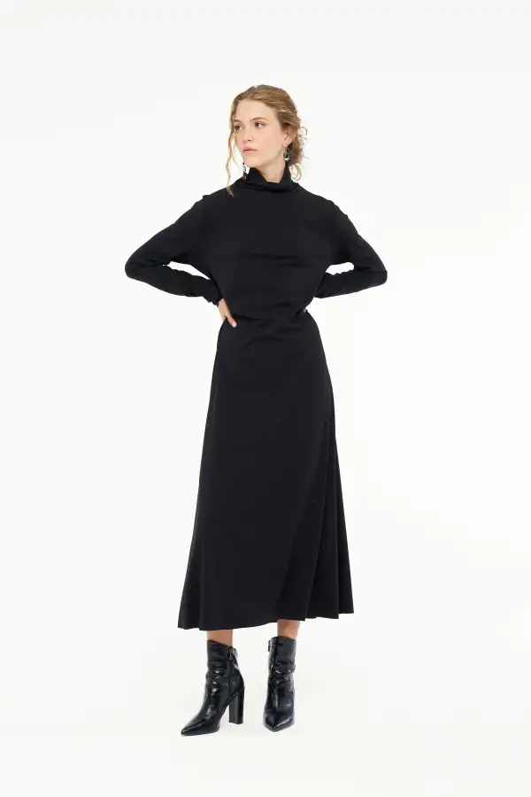 Hydra Dik Yaka Elbise - Siyah - 1