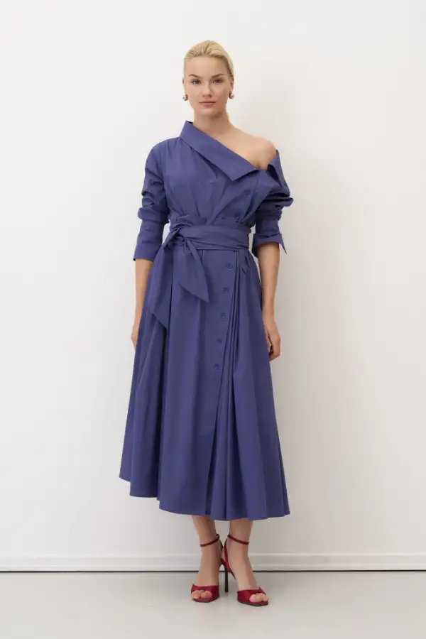 İndigo Asimetrik Yaka Beli Kemerli Telendos Elbise - 2