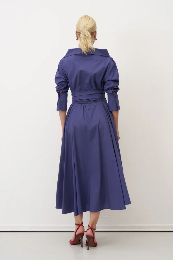 İndigo Asimetrik Yaka Beli Kemerli Telendos Elbise - 5