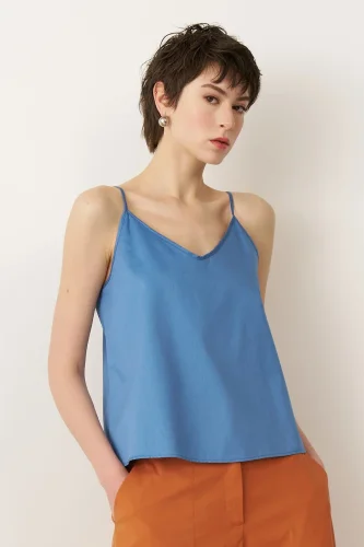 İndigo Askılı İnce Poplin Psara Bluz - 1
