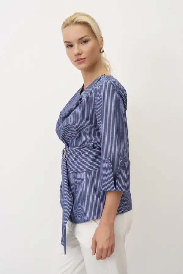 İndigo Çizgili Büyük Kemer Tokalı Poplin Lazareto Bluz - 3