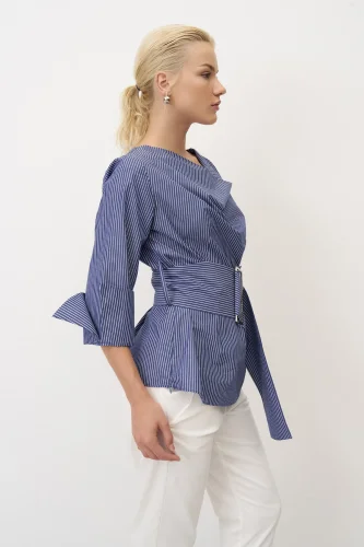 İndigo Çizgili Büyük Kemer Tokalı Poplin Lazareto Bluz - 4