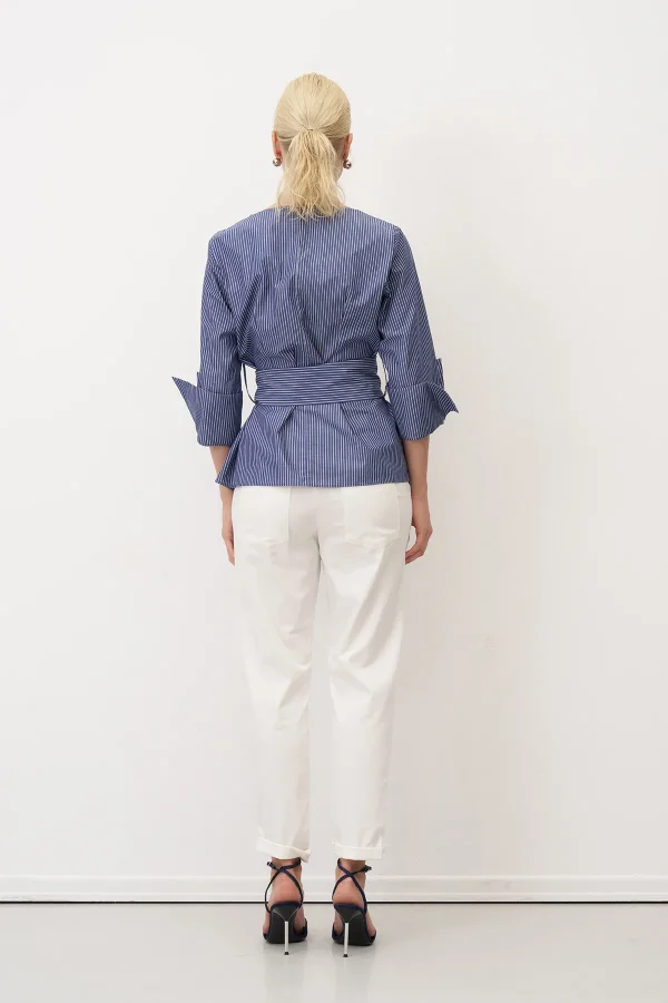 İndigo Çizgili Büyük Kemer Tokalı Poplin Lazareto Bluz - 5