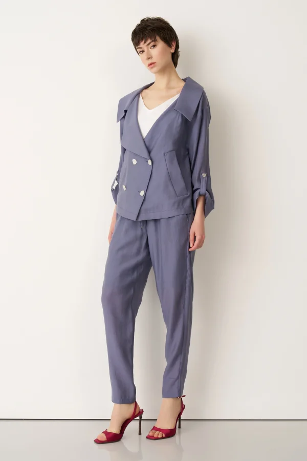 Indigo Kruvaze Yaka Dört Düğmeli Limnos Ceket - 2