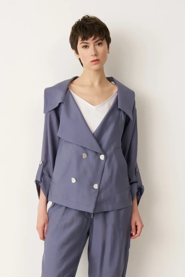 Indigo Kruvaze Yaka Dört Düğmeli Limnos Ceket - 1