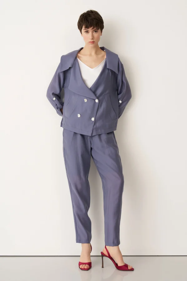 Indigo Kruvaze Yaka Dört Düğmeli Limnos Ceket - 4