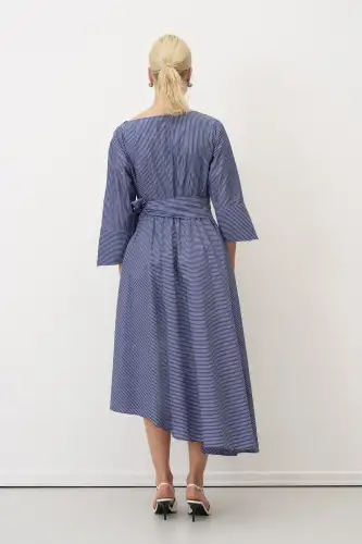 İndigo Omuzu Beyaz Dantelli Çizgili Poplin Lazareto Elbise - 6