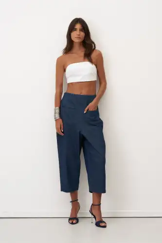 İndigo Önü Çift Cepli Jean Kumaş Moni Pantolon - 2