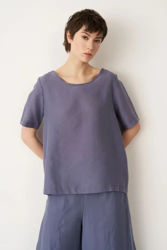 Indigo Oyuk Yaka Yarım Kol Limnos Bluz - 1