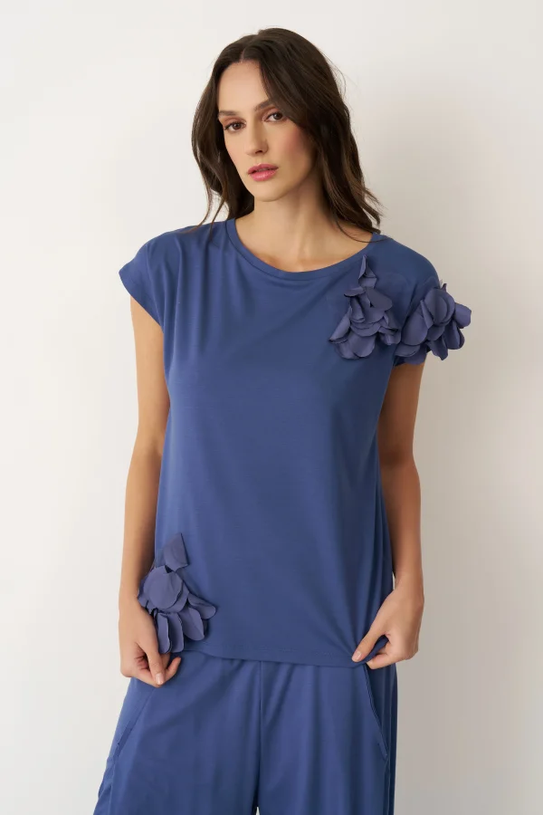 Indigo Tafta Çiçek Detaylı Kokkino Bluz - 1