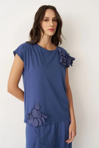 Indigo Tafta Çiçek Detaylı Kokkino Bluz - 4