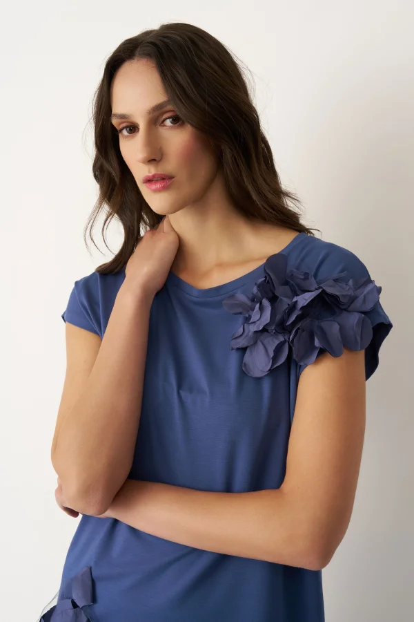 Indigo Tafta Çiçek Detaylı Kokkino Bluz - 5