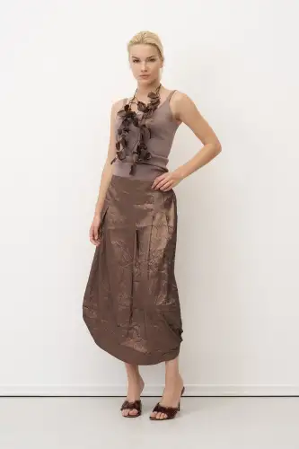 Kahverengi Etek Ucu Balon Kırışık Agistri Etek - 3