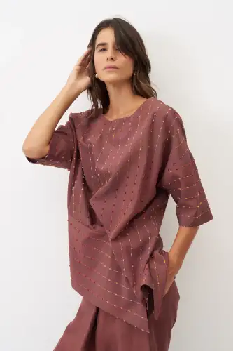 Kahverengi Renkli Dokulu Asimetrik Patmos Bluz - 5