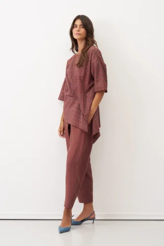 Kahverengi Renkli Dokulu Asimetrik Patmos Bluz - 3