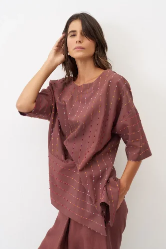 Kahverengi Renkli Dokulu Asimetrik Patmos Bluz - 5