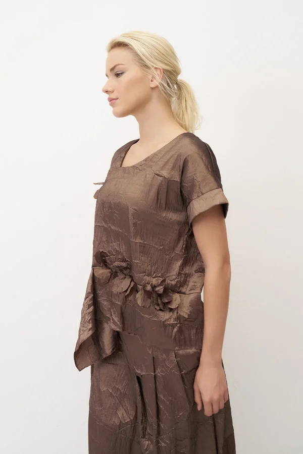 Kahverengi Yaprak Detaylı Kısa Kollu Krinkıl Agistri Bluz - 3