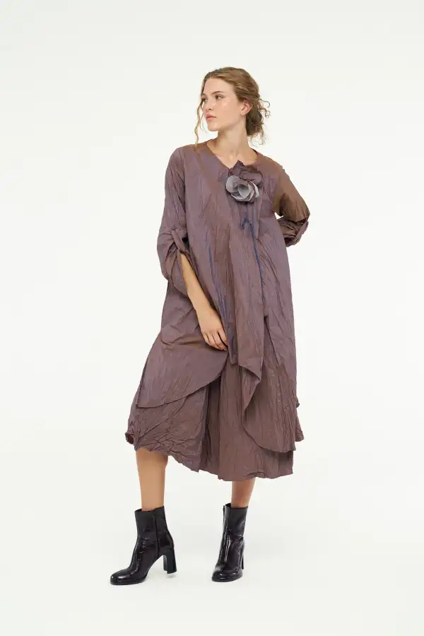 Kırışık Tafta Elbise - Kahverengi - 1