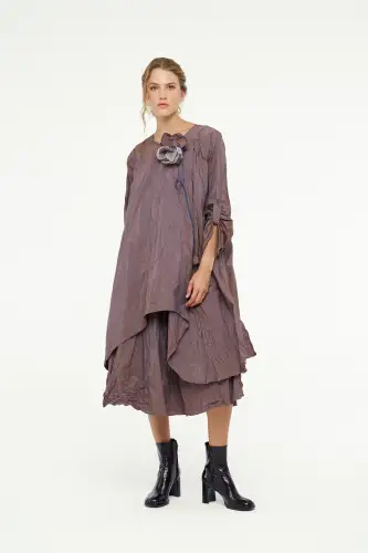 Kırışık Tafta Elbise - Kahverengi - BIZE (1)