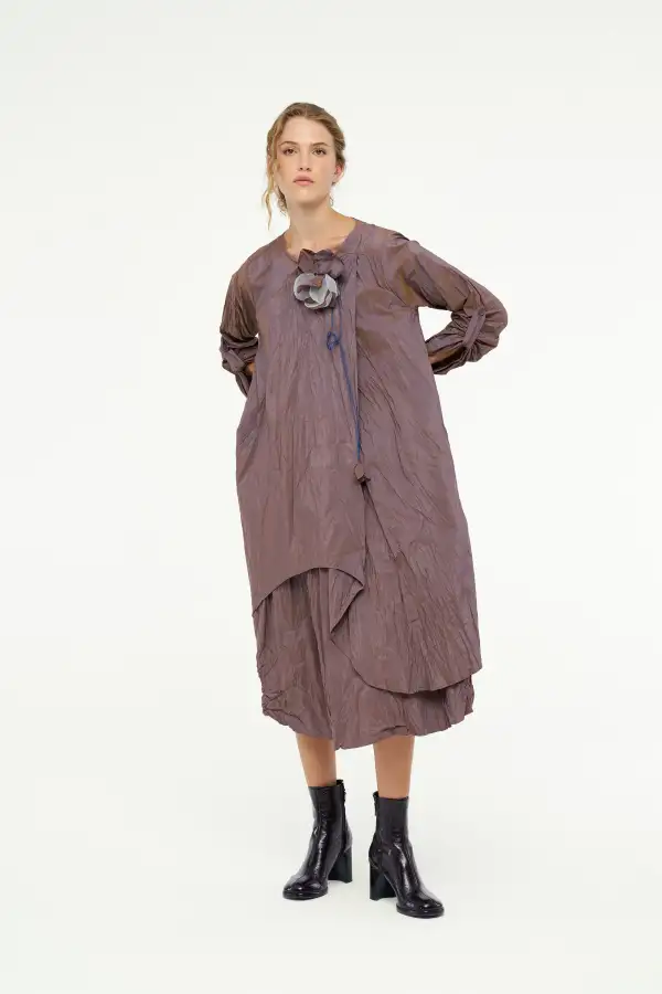 Kırışık Tafta Elbise - Kahverengi - 3