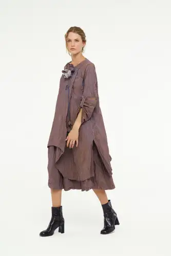 Kırışık Tafta Elbise - Kahverengi - 4