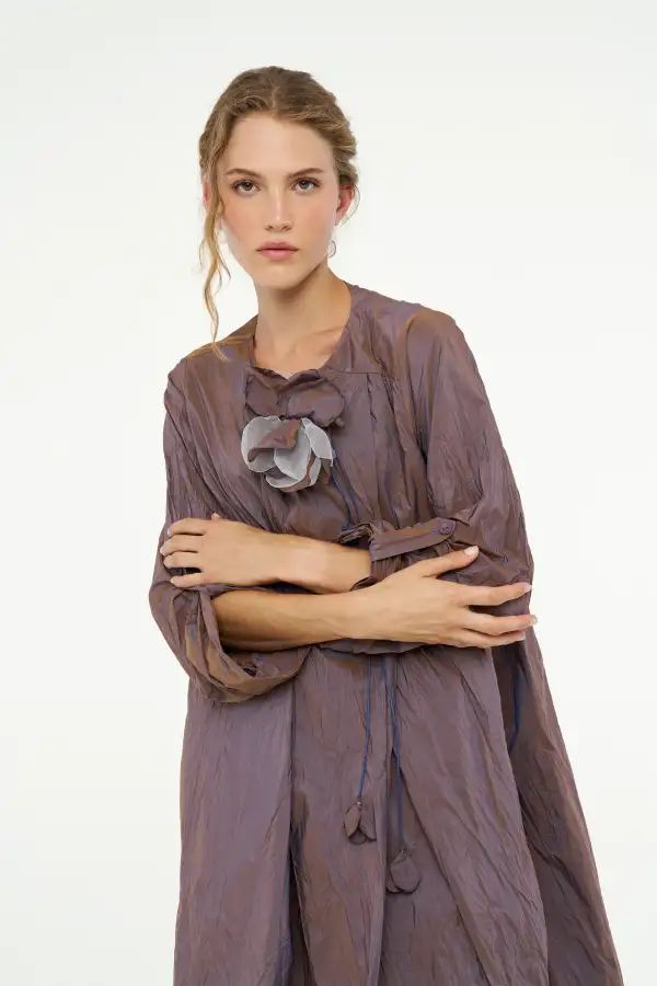 Kırışık Tafta Elbise - Kahverengi - 5