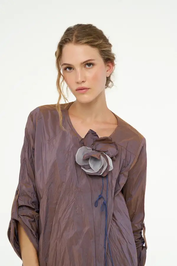 Kırışık Tafta Elbise - Kahverengi - 6