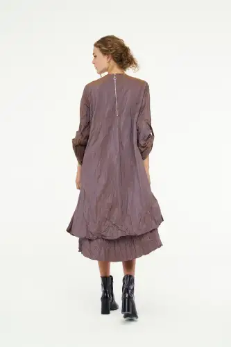 Kırışık Tafta Elbise - Kahverengi - 7