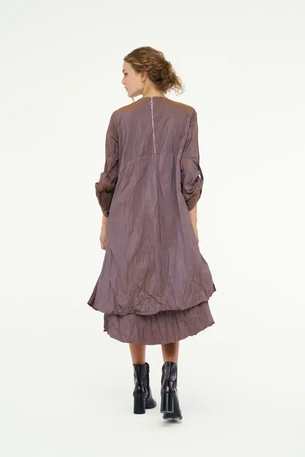 Kırışık Tafta Elbise - Kahverengi - 7