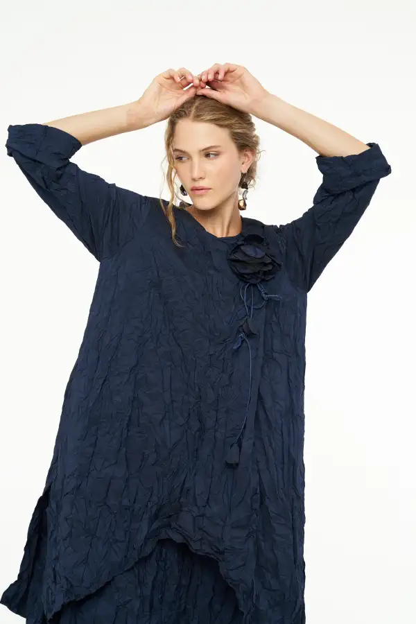 Kırışık Tafta Elbise - Lacivert - 1