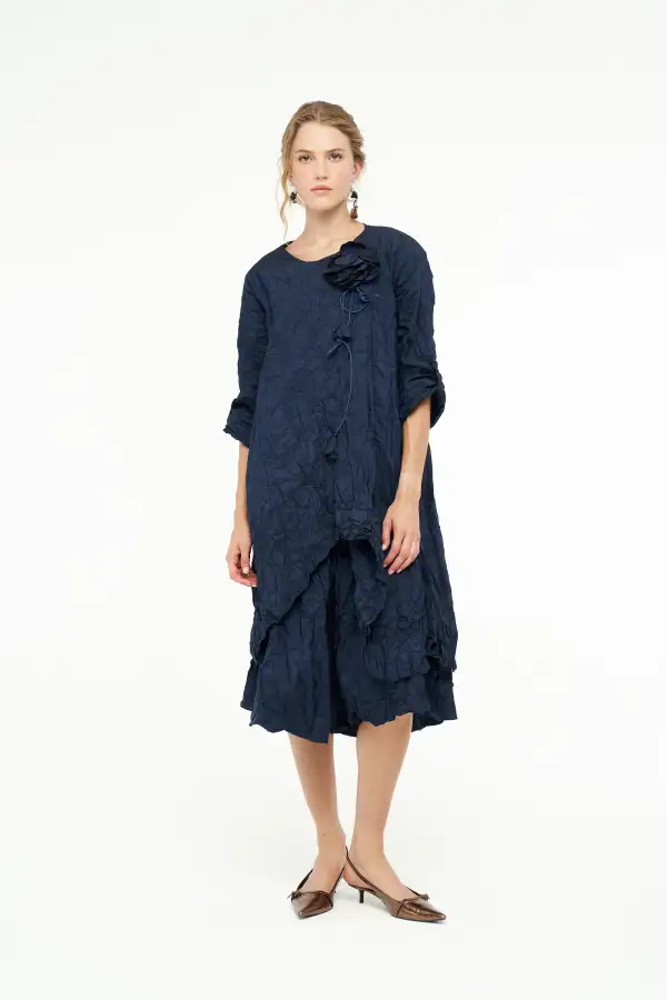 Kırışık Tafta Elbise - Lacivert - 2