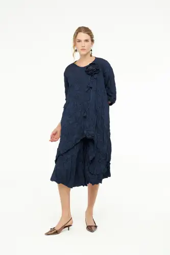 Kırışık Tafta Elbise - Lacivert - 3