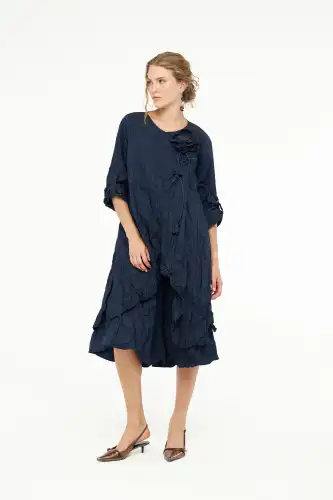 Kırışık Tafta Elbise - Lacivert - 4