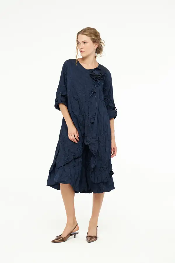 Kırışık Tafta Elbise - Lacivert - 4