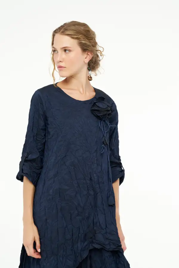 Kırışık Tafta Elbise - Lacivert - 5